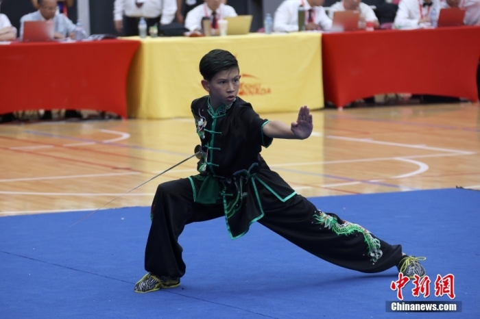 图为一位小选手在进行刀术套路项目的比赛。中新社记者 余瑞冬 摄